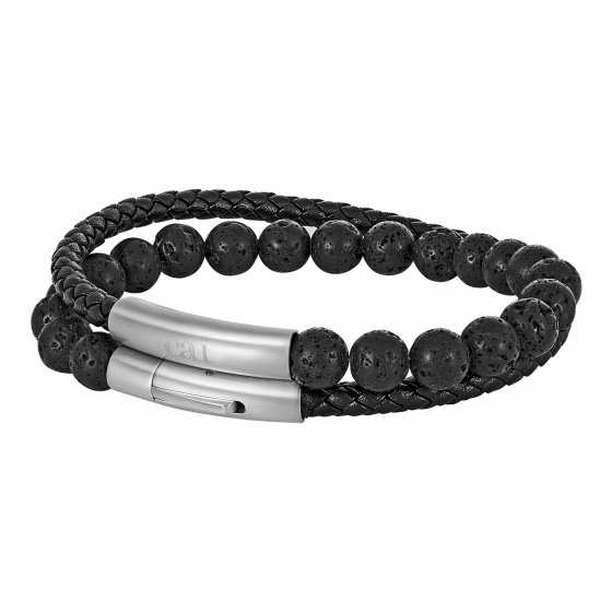 Armband Lavakugeln mit geflochtenem, schwarzen Echtleder-Wickelarmband 21cm und magnetischem Edelstahlverschluß 