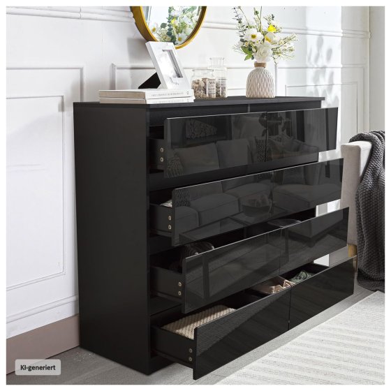 Sideboard Kenji 8 Schubladen Hochglanz Schwarz 