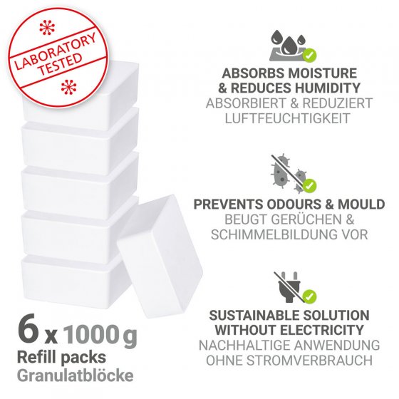 Raumentfeuchter Mod. Cube Nachfüller 1000 g, 6er Set, Luftentfeuchter Nachfüllpack