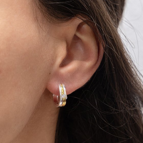 Ohrringe Silber 925 zweifarbig 16mm Durchmesser mit weißen Zirkonia-Steinen 