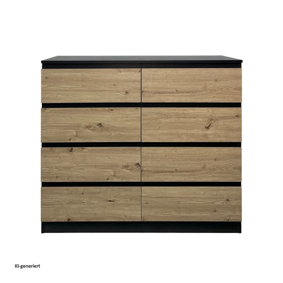 Moderne Kommode mit 8 grifflosen Schubladen Schwarz-Artisaneiche 