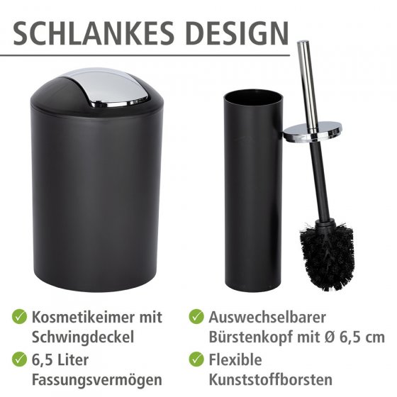 Badezimmer Set Mod. Calvo schwarz matt, 4 tlg., Seifenspender, Zahnputzbecher, Toilettenbürste & Kosmetikeimer 