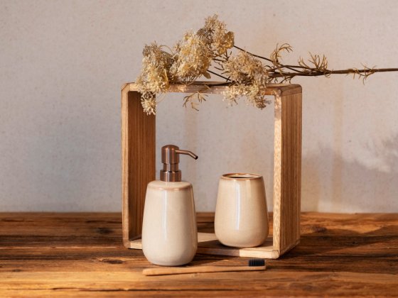 Bad-Accessoire Set Mod. Sirmione, beige, Keramik, 2-teilig, aus Keramik, kupferfarbene Details 