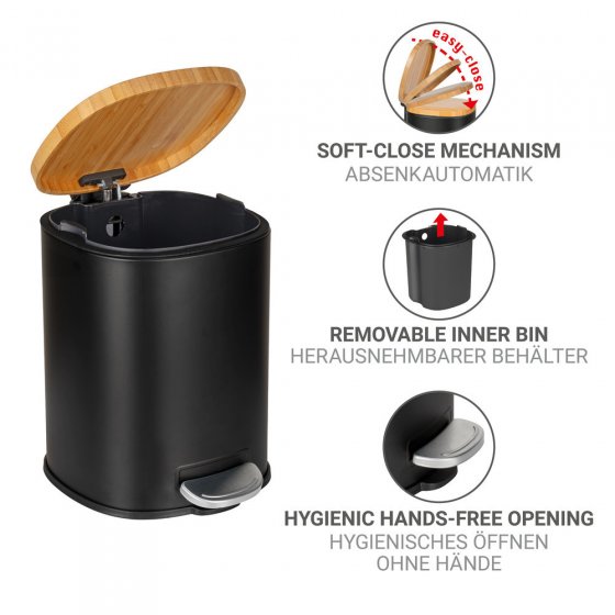 Kosmetikeimer Mod. Fianema, schwarz, 3L, Metall/Bambus, Easy-Close, mit herausnehmbarem Innenbehälter 