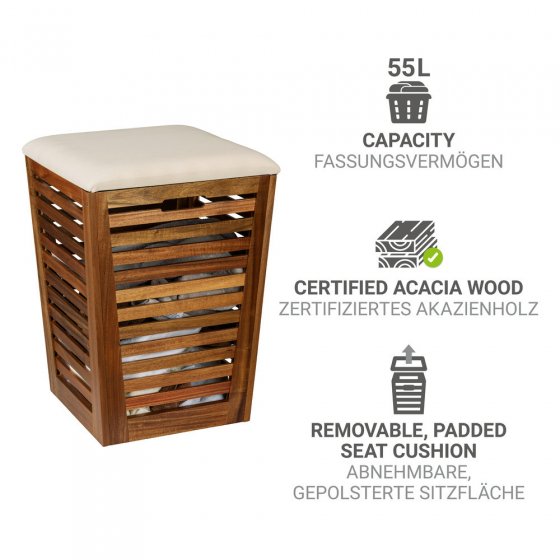 Wäschetruhe mit Sitzpolster Mod. Fondi, aus massivem Akazienholz 