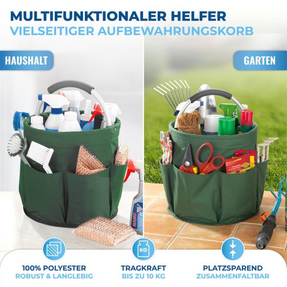 Universal Garten Caddy 16 l, Grün, 2er Set, mit 6 Außentaschen für Gartenwerkzeug 