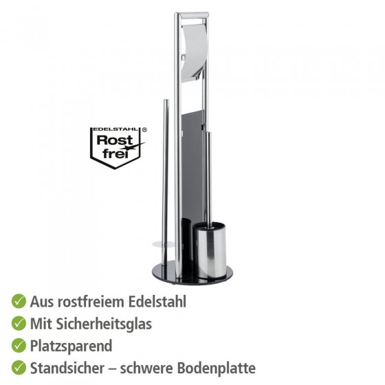 Stand WC-Garnitur Mod. Ravina Edelstahl glänzend, mit Toilettenbürste, Toilettenpapierhalter & Ersatzrollenhalter 