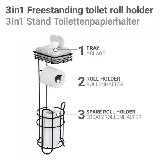 Toilettenpapierhalter mit Ersatzrollenhalter, Schwarz, mit Ablage 