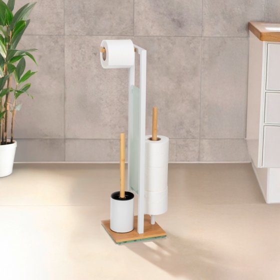 Stand WC-Garnitur Mod. Rivalta, bambus/weiß, Sicherheitsglas, 18x70x23 cm, mit Toilettenpapierhalter und Ersatzrollenhalter 