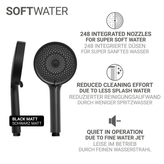 Duschkopf Mod. Softwater Ø12 cm, schwarz, ABS-Kunststoff, 3 Strahlarten, kalkfrei, wassersparend 