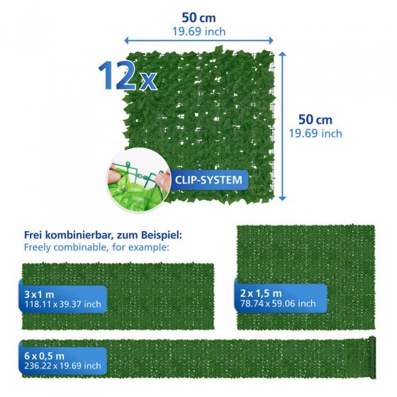 Sichtschutzmatte Efeu 3x1m, grün, Kunststoff, 100x300 cm, pflegeleicht und wetterbeständig 