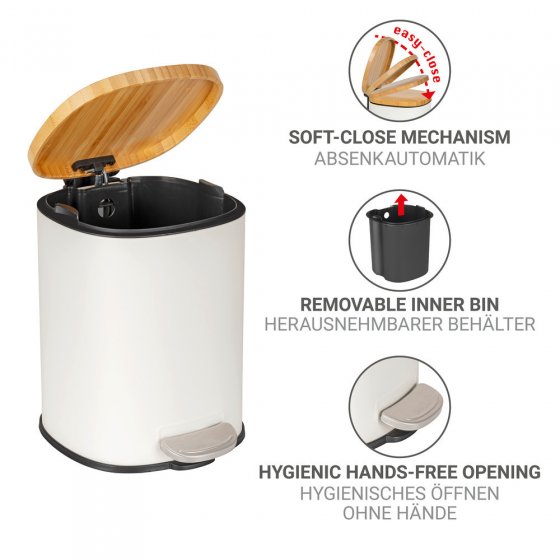 Kosmetikeimer Mod. Fianema, weiß, 3L, Metall/Bambus, Easy-Close, mit herausnehmbarem Innenbehälter 