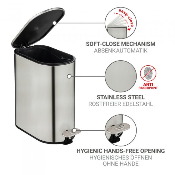 Kosmetikeimer Mod. Collungo 5L, satiniert, edelstahl, schwarz, freistehend, mit easy-close Absenkautomatik 