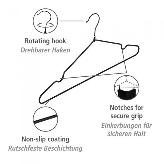 Kleiderbügel Mod. Sascha Schwarz, 20er Set, rutschfeste Beschichtung 