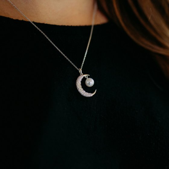 Anhänger mit Kette 925 Silber rhodiniert Mond mit Perle 
