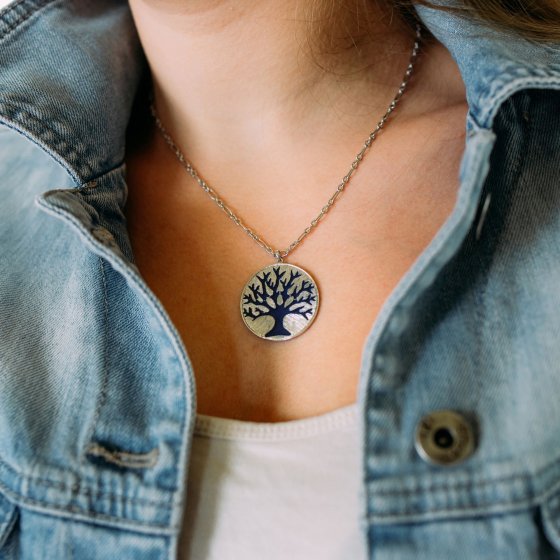 Anhänger mit Kette 925 Silber Lebensbaum Emaille blau 