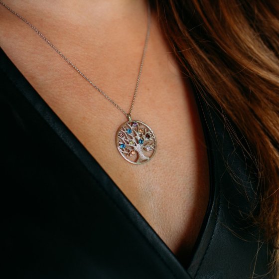 Anhänger mit Kette 925 Silber rhodiniert Lebensbaum Zirkonia bunt 