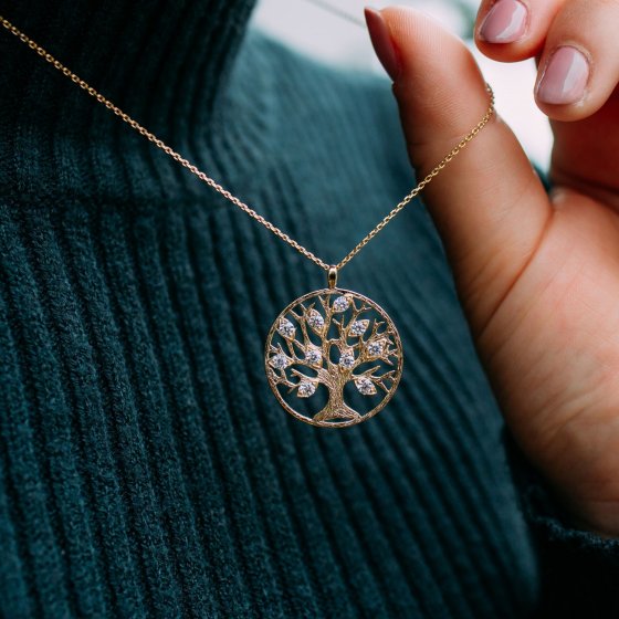 Anhänger mit Kette 925 Silber vergoldet Lebensbaum Zirkonia weiß 