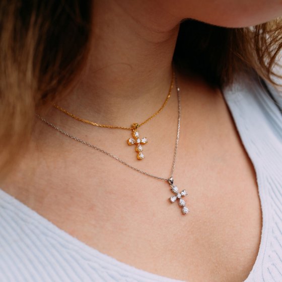 Anhänger mit Kette 925 Silber vergoldet Kreuz Zirkonia weiß 