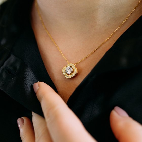 Anhänger mit Kette 925 Silber vergoldet Blüte Zirkonia weiß 