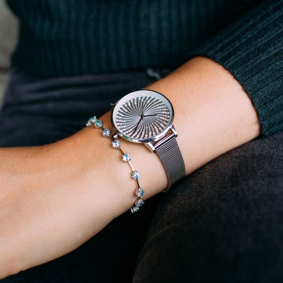 Damenuhr Edelstahl silberfarben Ziffernblatt hellblau Zirkonia 