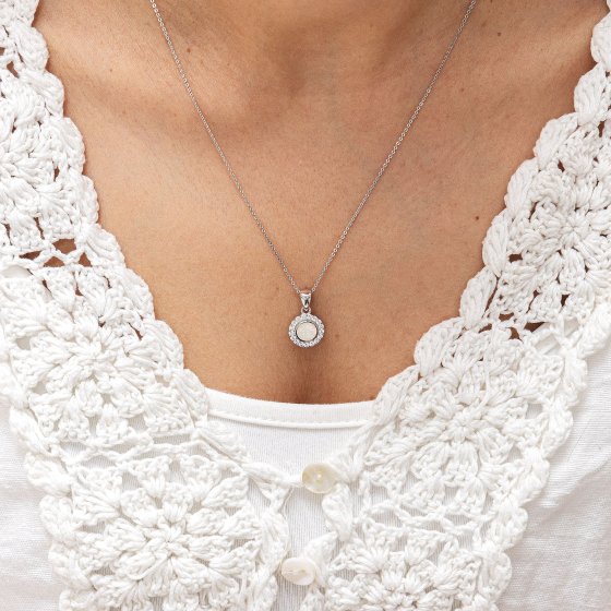 Halskette Silber 925 rhodiniert 45/42cm lang mit weißem syn. Opal und Zirkonia 