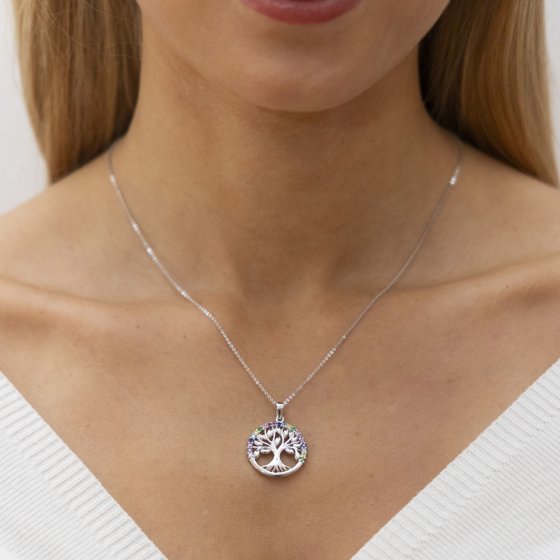 Halskette Silber 925 rhodiniert mit Lebensbaum-Motiv und Zirkonia-Steinen 
