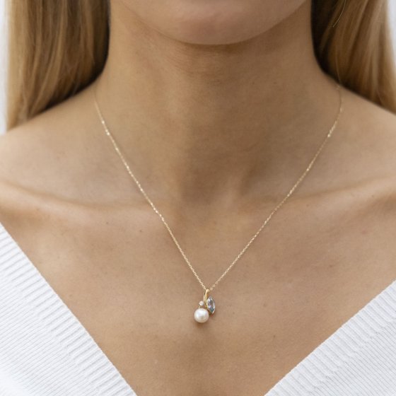 Halskette 375 Gold mit Blautopas (beh.), Perle wei und Zirkonia 