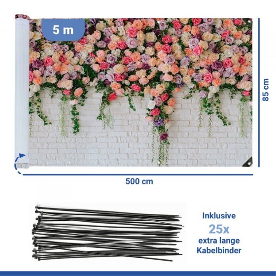 Balkon-Sichtschutz Mod. Rosen, 5 m, UV- und witterungsbeständig 