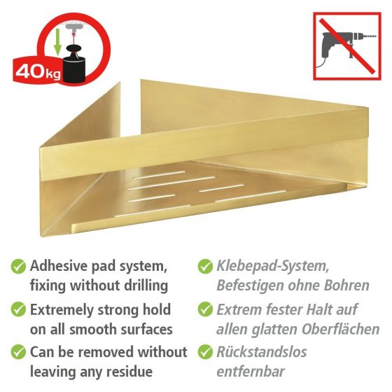 Turbo-Loc® Eckablage Mod. Genova Gold Matt, befestigen ohne Bohren mit Spezial-Klebepad 