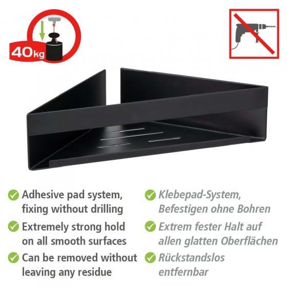 Turbo-Loc® Eckablage Mod. Genova Black, Befestigen ohne Bohren mit Spezial-Klebepad 