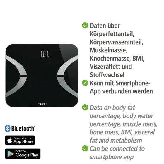 Analysewaage LED mit Bluetooth Schwarz, Körperfettwaage 