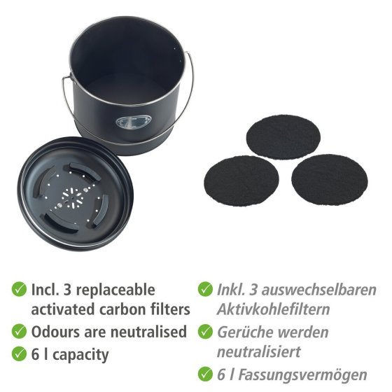 Komposteimer Mod. Nero 6 L, inklusive 3 Aktivkohlefiltern zum Wechseln 