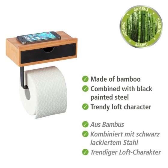 Toilettenpapierrollenhalter mit Schublade Mod. Bambusa, zur Wandmontage 