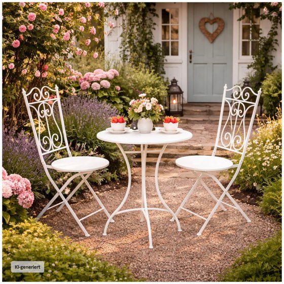 Bistro Sitzgruppe Metall Creme Tisch mit 2 Stühlen Balkon Set Gartenmöbel 