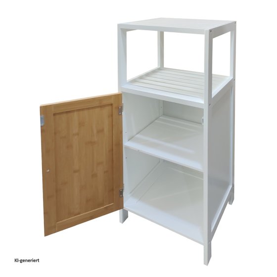 Badschrank Weiß mit Front Holzoptik Fischgrätmuster 