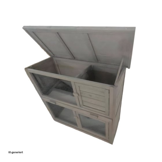 Hasenstall aus Holz in Grau mit aufklappbarem Dach 