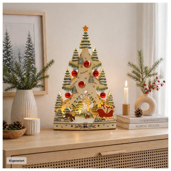 LED Schwibbogen Weihnachtsbaum mit Kugeln und Schlitten 