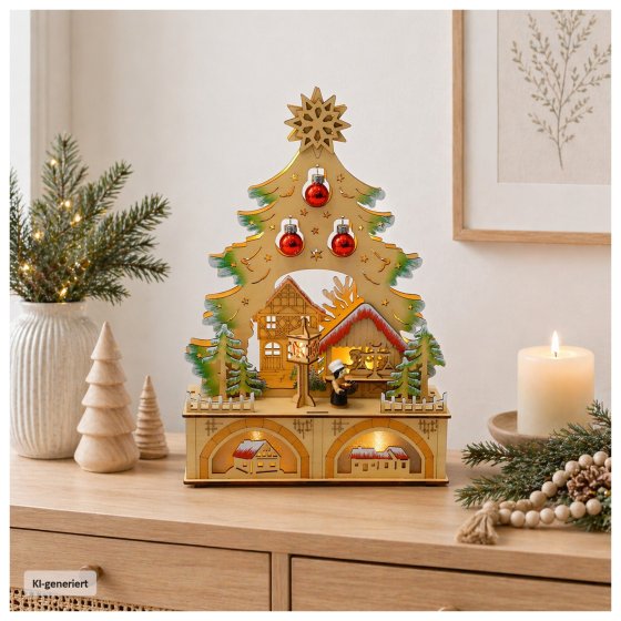 LED Schwibbogen Weihnachtsbaum mit Kugeln und Weihnachtsbäckerei 