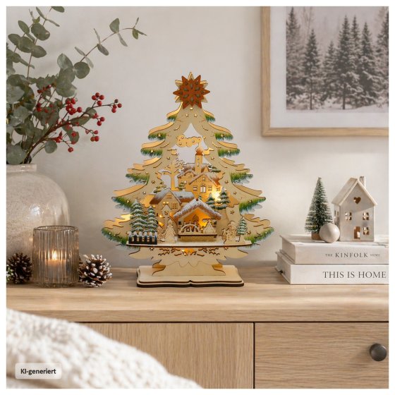 LED Schwibbogen Weihnachtsbaum mit verschneitem Winterdorf 