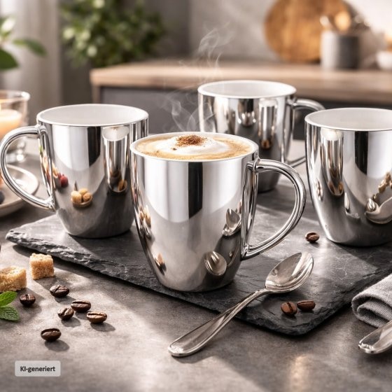 Becher Set silberfarben mit Henkel 250 ml Porzellan 4 Stück Kaffeebecher 