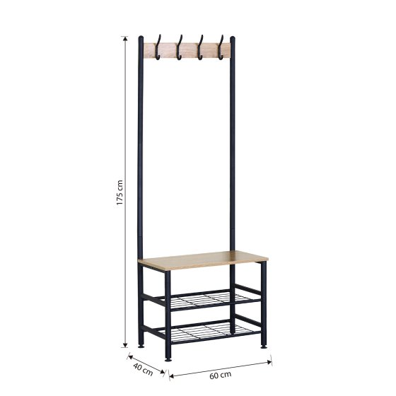 Garderobe mit Schuhregal und 4 Haken in Sonoma und Schwarz 