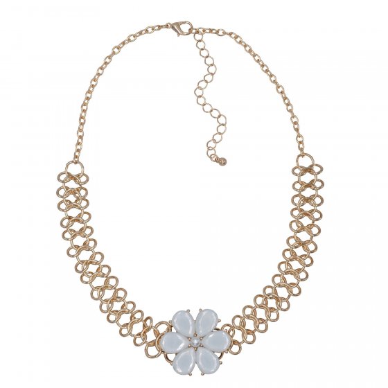 Kette Ohrhänger Metall gelb glänzend Blume Glasstein weiß 