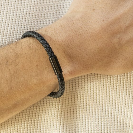Armband Edelstahl Leder schwarz 21cm 