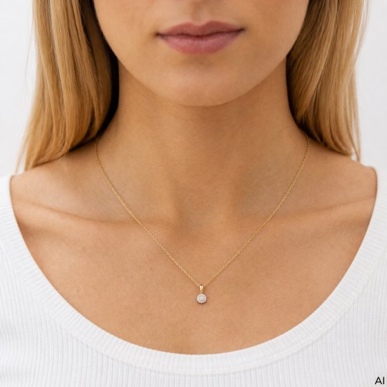 Anhänger mit Kette 375 Gold Gelb Zirkonia Halo 11 CZ Anhänger mit Ankerkette 42 cm 
