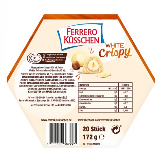 Ferrero Küsschen White Crispy mit weißer Schokolade und Crisp 172g 