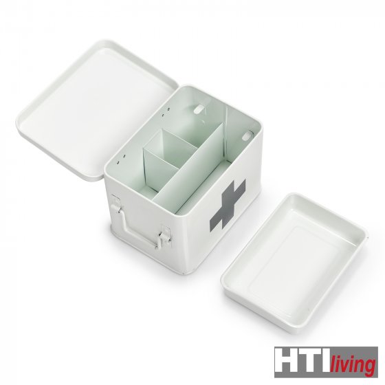 Medizinbox mit Tragegriffen, Metall mit Fächereinsatz 