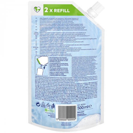 Nivea Creme Soft Handseife Cremeseife im Nachfüllbeutel 500ml 4er Pack 