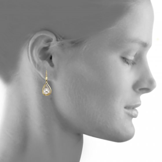 Ohrringe 585 Gold 2x Perle 7,5-8mm +10x Brillant 0,04ct. 