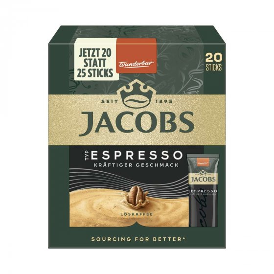 Jacobs Espresso löslicher Kaffee 20 Sticks 1.8g pro Packung 36g 